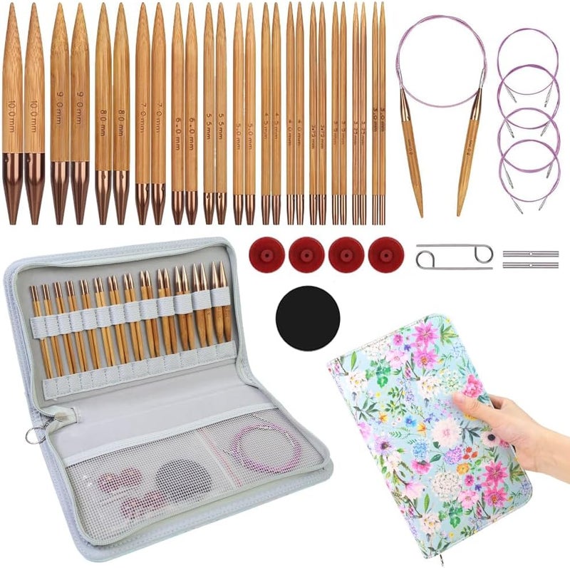 Yarniss Bamboo Circular Knitting Needle with Case,13 Pair Interchangeable Knitting Needles with Flexible Cables 3.5mm~10.0mm, 4-Inch Round Knitting Needle US Size 2.5~15 - Image 1